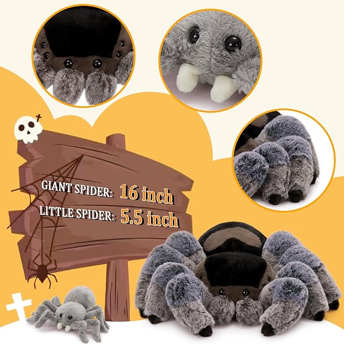 MorisMos 4Pcs Large Spider Plush, 16inch Mommy Spider Stuffed Animals with 3 Babies, Realistic Plush Toys, Soft Cuddly for Kids Boys Girls