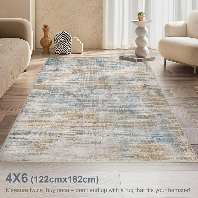UERMEI 4x6 Area Rug for Living Room: Washable Modern Neutral Abstract Soft Low Pile Carpet Non-Slip Pet Kids Friendly Indoor Decor for Bedroom Dining Room Home Office Nursery Blue Brown