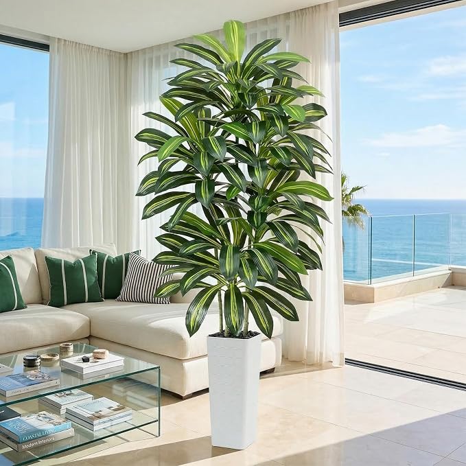 Artificial Dracaena Tree - 7FT Tall Fake Plants with White Tall Planter - Artificial Plants Indoor Floor Plant in Pot - Large Tropical Fake Yucca Potted Tree for Home Office Living Room Decor