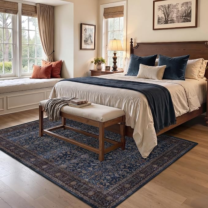 Dark Blue 5x7 Area Rugs, Vintage Old Money Aesthetic Maximalist Print Rugs for Living Room Bedroom, Washable Non Slip Ultra Thin Carpet Rug for Dining Room Home Office