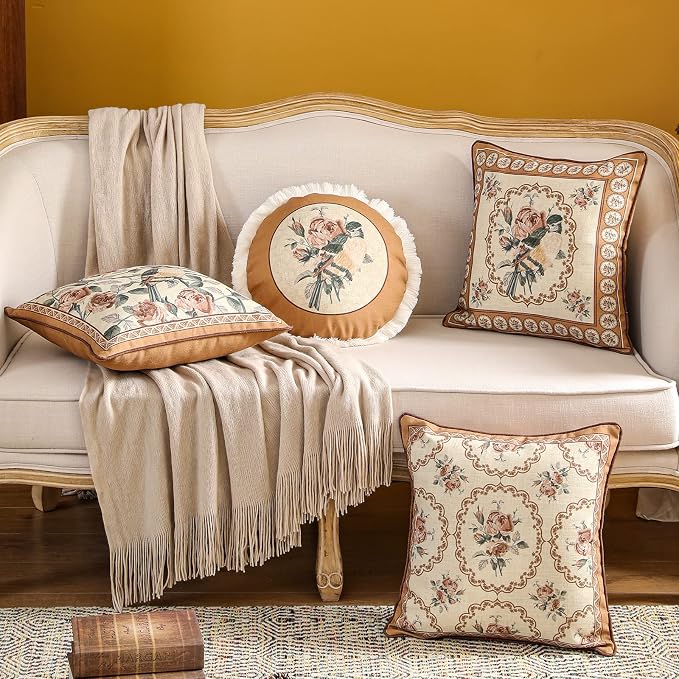 patdrea Vintage Linen Throw Pillow Cover,18"x18",Set of 2-ParkerEstate B | French Decorative Pillow Case with Zipper,Bird and Floral Pattern,Cushion Coverfor Couch Living Room Bedroom