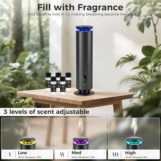 Hotel Scent Diffuser Starter Kit - 1000 Square Feet, 7 Ambient Light Settings, Includes 5 Essential Oils for Hotel Aromatherapy, Hotel Scent Diffuser,for Hotels, Homes, and Large Rooms,Black