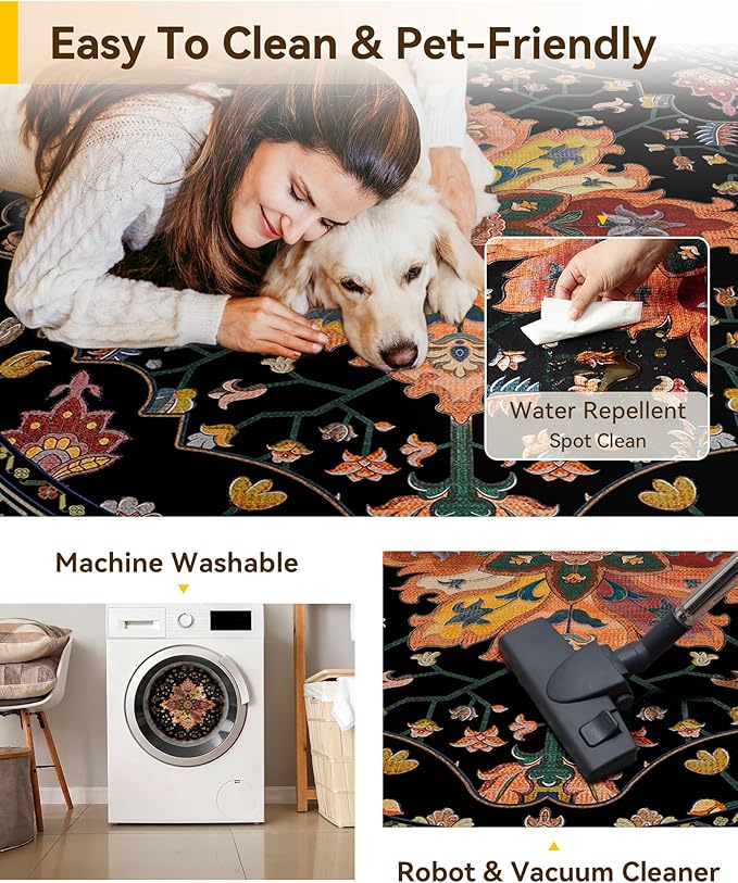 RELEANY Area Rugs 4ft Washable Non-Slip, Floral Vintage Distress Print Pattern Medallion Carpet for Living Room Bedroom Dining Room, Black Colorful Floral Dark Tan