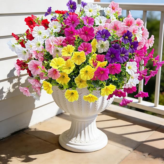 Ouddy Decor 24 Bundles Artificial Flowers for Outdoors, Fake Petunias Flowers Silk Morning Glory with Eucalyptus Faux Plants for Indoor Outside Spring Summer Yard Garden Porch Home Decor, Multicolor