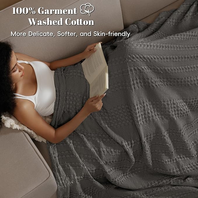 PHF 100% Cotton Waffle Blanket Queen Size for Bed, Lightweight Breathable and Soft for Summer, Luxury Aesthetic Waffle Weave Blanket for Home Decor & Gifts for Women, 90"x90", Charcoal Grey