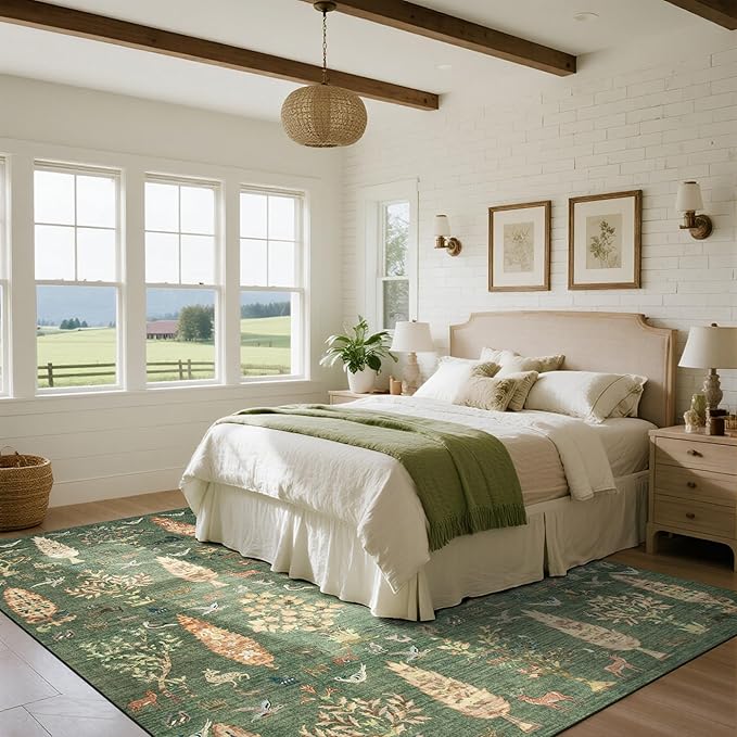 Srugn Washable Rugs 8x10 Area Rugs for Living Room,Bedroom,Dining Room- Large Ultra Soft Faux Wool Retro Carpet,Non Slip&Non-Shedding Low Pile Vintage Print Rug for Home Office Dorm-Grass Green