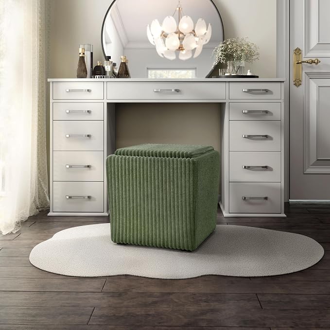 Furniture of America Lennox Modern Chenille 17-inch Square Storage Ottoman with Reversible Tray Top, Upholstered Footstool for Living Room, Bedroom, Entryway, Green