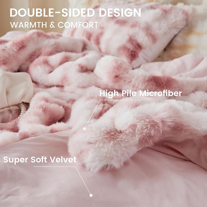 Simple&Opulence Fluffy Faux Fur Comforter Set, Plush Fuzzy Minky Bedding Set, 3 Pieces Warm Soft Comforter Bedding Set for Winter - 1 Shaggy Comforter with 2 Pillow Shams(Queen, Pink)