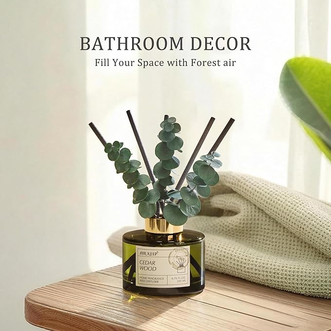 Airkeep Reed Diffuser Set with 6.76 fl oz Cedar Wood Scent Essential Oils and 3 Leaves & 8 Diffuser Sticks,Bathroom Shelf Decor & Air Freshener, House Bedroom Office Decor & Gifts