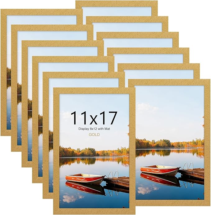 Picrit 11x17 Picture Frame Set of 12, Display 8x12 with Mat or 11x17 without Mat, Photo Frames for Wall Mounting Display, Gold