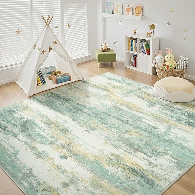 Rugflix 5x7 Area Rugs for Living Room, Washable Large Rug Stain-Resistant Low Pile, Modern Carpet for Dining Room Home Office Kid Room Nursery Bedroom, Light Green
