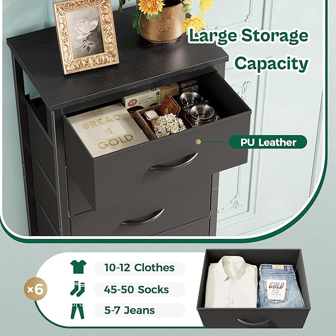Huuger 43.3 Inch Tall Dresser for Bedroom, 6 Drawer Night Stand & Chests of Drawers, Fabric Dresser for Closet, Bedroom, Nightstand, End Table with Metal Frame, Storage Tower with Fabric Bins, Black