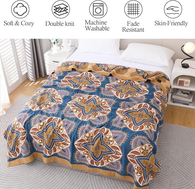 Snycler Boho Throw Blanket for Bed - 100% Cotton Ultra Soft Rustic Quilt Blanket Orange Green Printed Farmhouse Decor Bed Blankets, 80"×90" All Season Rustic Throw for Sofa Couch Chair