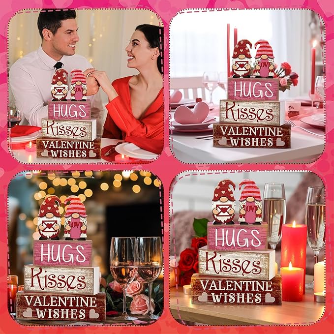 Lineshading 4 Pcs Valentine Day Table Decoration Pink Gnomes Valentine Centerpiece Valentine's Day Tiered Tray Decor Rustic Wooden Gnomes Heart Block Signs Red Pink White Valentines Decor for Home