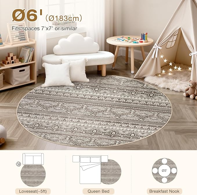 Tortania 6' Round Area Rug Living Room Rugs - Washable Large Soft Neutral Boho Moroccan Bohemian Farmhouse Rug Indoor Floor Carpet for Bedroom Under Dining Table Home Office Decor - Dark Brown