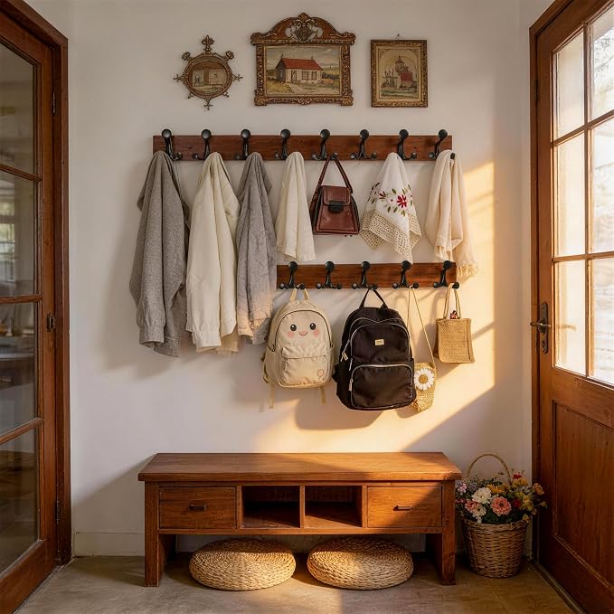 WEBI Coat Rack Wall Mount,30" Solid Wood Coat Hooks Wall Mounted Coat Hanger,16" Hole to Hole,Heavy Duty 5 Triple Hooks for Hanging Coats,Jacket,Hat,Backpack,Farmhouse,Reddish Brown