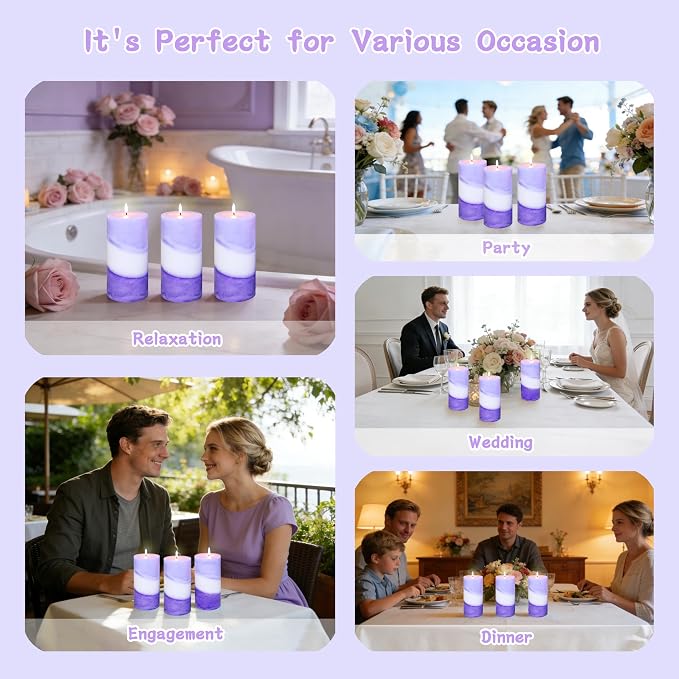 Lavender Aromatherapy Scented Pillar Candles, Purple and White Striped, 3x6 Inch, 100% Cotton Core Handmade Paraffin Wax Candles for Housewarming Gift Home Room Shelf Decor, Set of 3