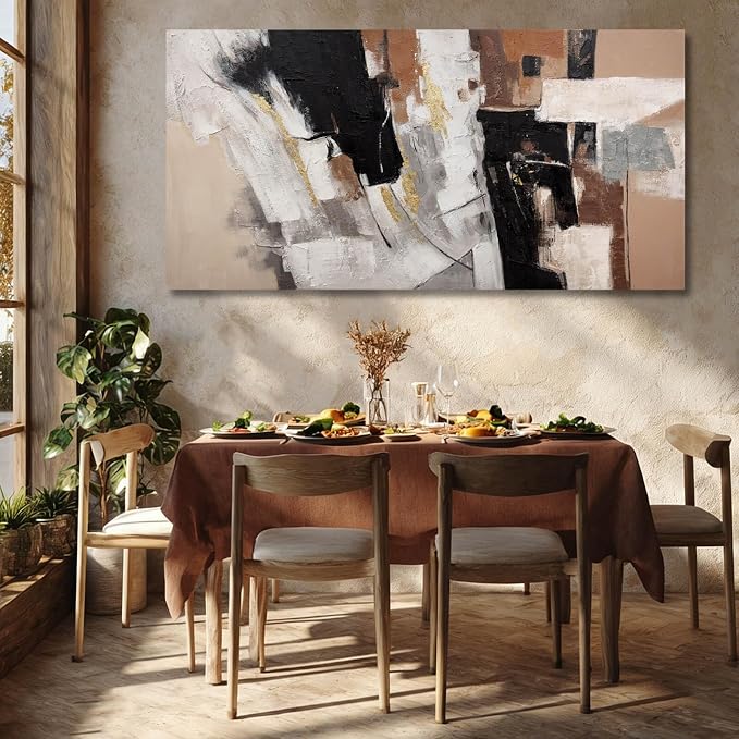 MLART99 Large Abstract Canvas Wall Art Black White Gold and Brown Geometric Painting Textured Modern Artwork for Bedroom Living Room Home Decor 29x58 Inch