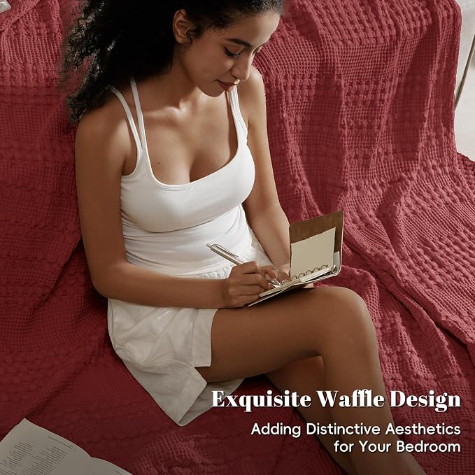 PHF 100% Cotton Waffle Blanket Twin Size for College Dorm, Lightweight Breathable and Soft for Summer, Luxury Aesthetic Waffle Weave Blanket for Bed & Gifts for Women, 66"x90", Wine Red