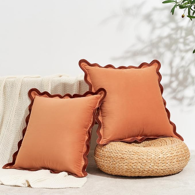 MONDAY MOOSE Decorative Throw Pillow Covers Cushion Cases, Set of 2 Soft Velvet Scalloped Wavy Edge Designs, Mix and Match for Home Decor, Pillow Inserts Not Included (18x18 inch, Rust/Coral)