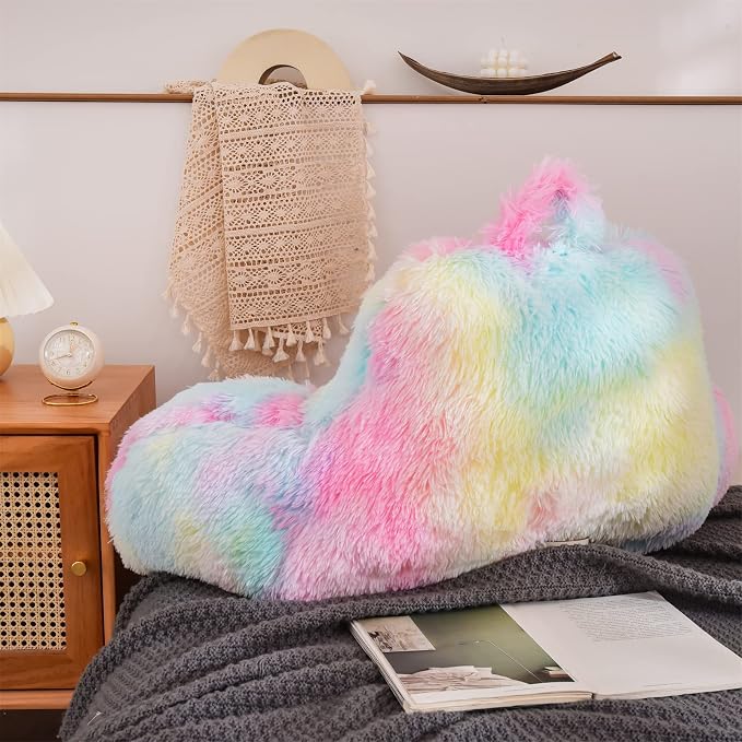 A Nice Night Faux Fur Reading Pillow Bed Wedge Large Adult Children Back Rest Support Cushion for Sit Up on Couch,Sofa,and Floor,Standard,PinkYellow