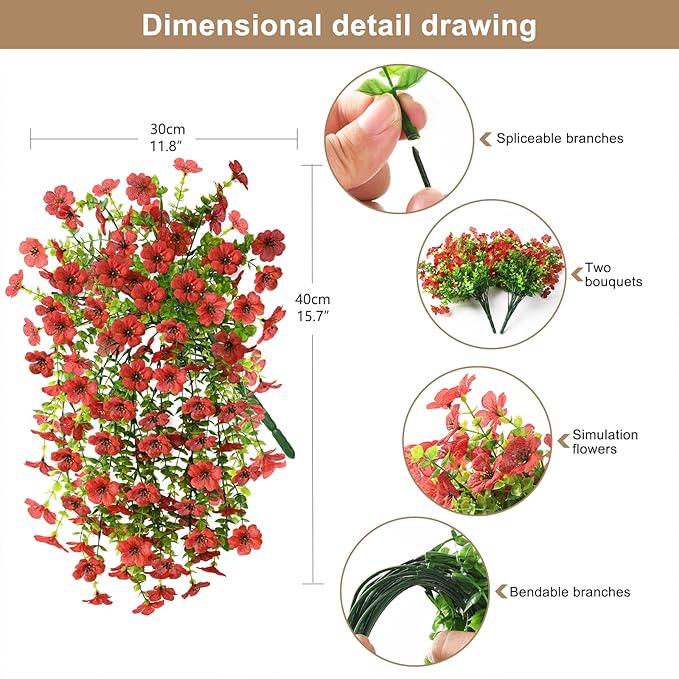 ZFProcess Artificial Hanging Flowers for Outdoors Spring Decoration, 2PCS Silk Fake Daisy Realistic Outdoor Flowers UV Resistant Porch Patio Window Yard Decor(Red)
