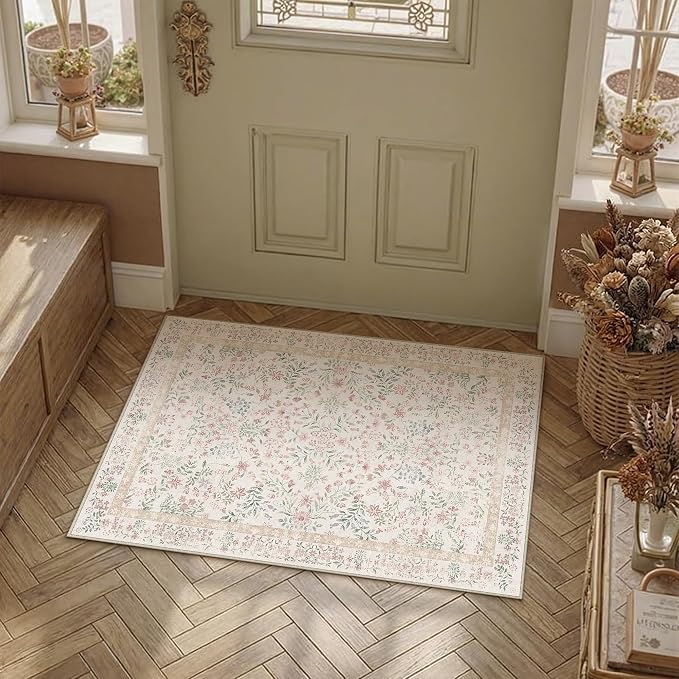 PureCozy 2x3 Pink Area Rug for Entryway Washable Vintage Floral Carpet Low Pile Non Slip Botanical Aesthetic Small Soft Accent Throw Rug Entrance Kitchen Bedroom Nursery Office Indoor