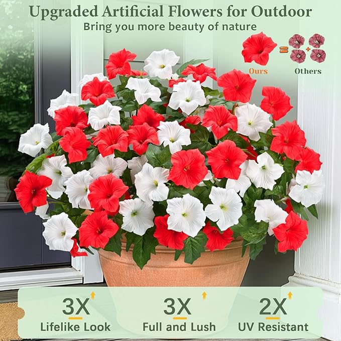 MARTINE MALL Artificial Flowers for Outdoors, 4 Bundles Realistic Fake Outdoor Flowers, UV Resistant Silk Petunia Flower for Outside Look Real Faux Flower Plants for Outdoor Porch Decor, Red White