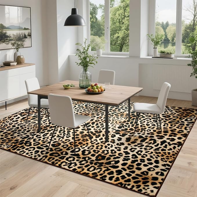 DweIke Leopard Print Rug for Living Room, Machine Washable 6x9 Cheetah Area Rugs for Bedroom, Non-Slip Low Pile Animal Hide Carpet with Rubber Backing for Dining Room Kitchen Home Decor,White Brown