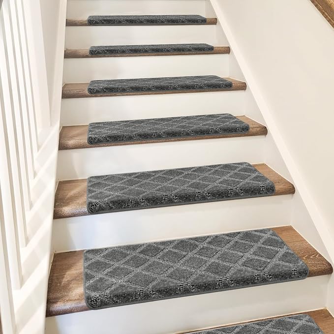 PURE ERA Bullnose Carpet Stair Treads Set Tape Free Non-Slip Indoor Stair Protectors Pet Friendly Rugs 9.5" x 30"(14 Pieces,Grey Diamond Trellis)
