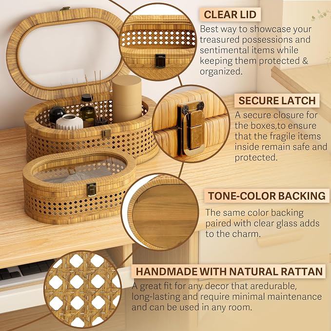 Rattan Display Box,Boho Oval Decorative Storage Boxes with Clear Lid,Set of 2 Woven Wicker Natural Finish Keepsake Boxes for Rustic Farmhouse for Home Decor
