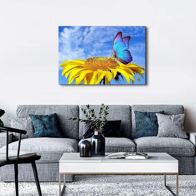 Sunflower Canvas Wall Art Butterfly Pictures for Living Room Decor Large Size Sunflower Scenery Giclee Prints Painting Bathroom Kitchen Nature Floral Posters Modern Artwork Bedroom Home Decoration