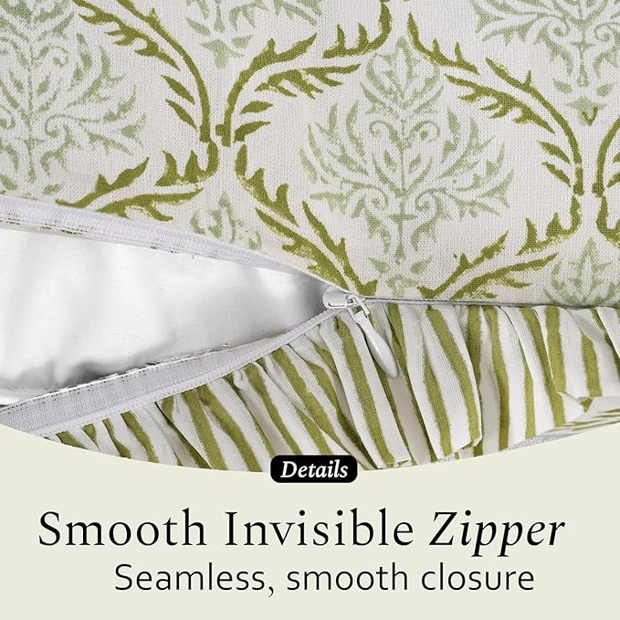 CPC Fern Regal Hand Block Print 100% Cotton Ruffle Throw Pillow Cover 18x18 inch with Hidden Zipper Decorative for Couch, Bed, Sofa, Farmhouse, Cottagecore Decor Gift Christmas Fall Thanksgiving