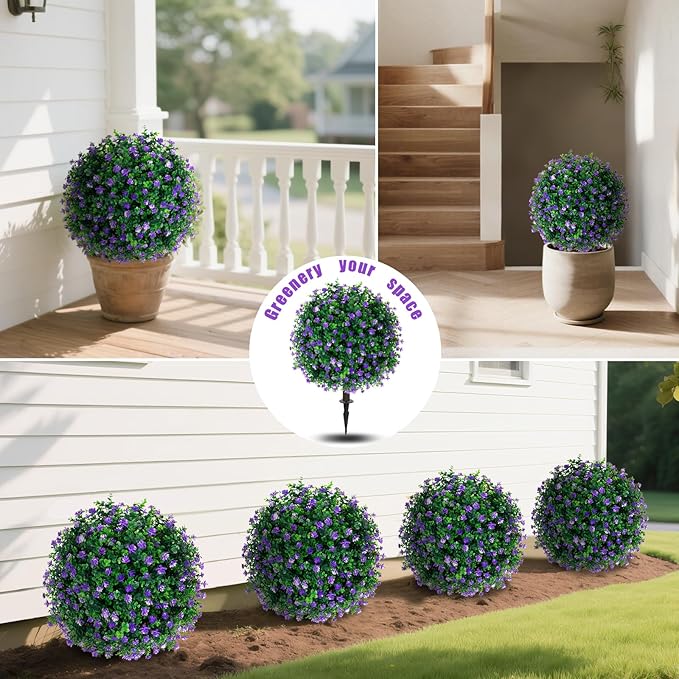 Yangrass Artificial Purple Flower Topiary Ball Trees with Ground Spike, Set of 2 UV Resistant Artificial Shrubs, Fake Evergreen Artificial Plant Bushes for Indoor Outdoor Front Porch Garden