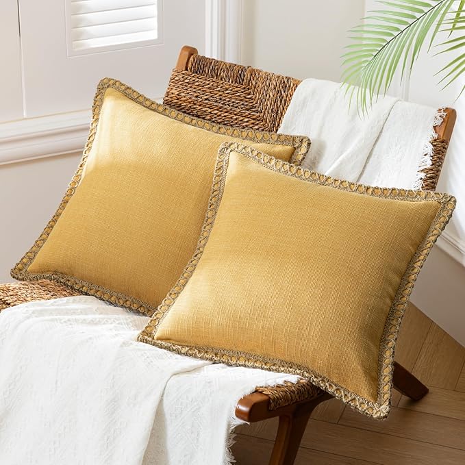 Phantoscope Pack of 2 Farmhouse Decorative Throw Decorative Pillow Cover Burlap Linen Trimmed Tailored Edges, Mustard Yellow, 18 x 18 inches, 45 x 45 cm