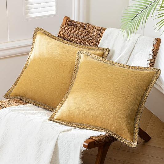 Phantoscope Pack of 2 Farmhouse Decorative Throw Decorative Pillow Cover Burlap Linen Trimmed Tailored Edges, Mustard Yellow, 18 x 18 inches, 45 x 45 cm