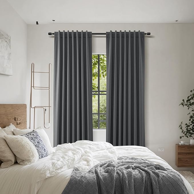 Guken 100% Blackout Curtains 90 Inch Length 2 Panels Set for Living Room Bedroom Back Tab Thermal Insulated Black Out Linen Drapes Room Darkening Blazer Grey,52x90