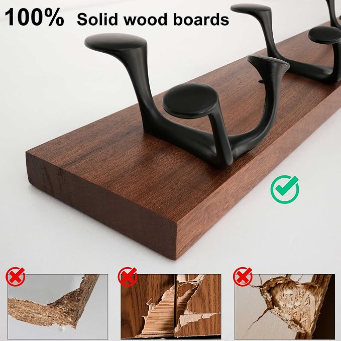 WEBI Coat Rack Wall Mount,30" Solid Wood Coat Hooks Wall Mounted Coat Hanger,16" Hole to Hole,Heavy Duty 5 Triple Hooks for Hanging Coats,Jacket,Hat,Backpack,Farmhouse,Reddish Brown