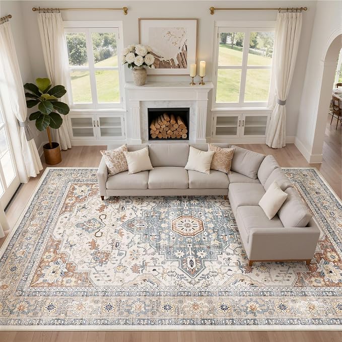 10x13 Area Rug Living Room: Washable Boho Large Neutral Vintage Soft Rugs Stain Resistant Distressed Farmhouse Non-Slip Indoor Floor Carpet for Bedroom Nursery Kids Office Dining Room- Beige Blue
