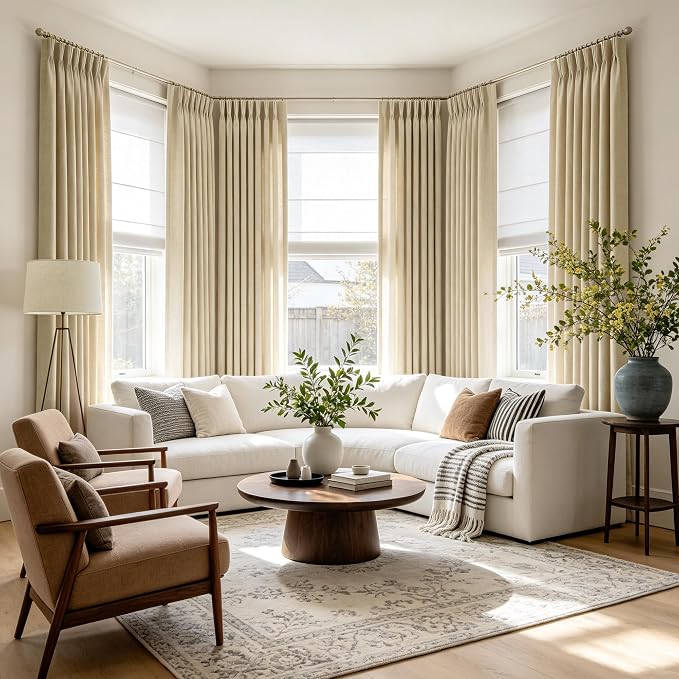 Flax Linen Curtains 105 inch Long 2 Panels for Living Room Light Filtering Memory Trained Triple Pleated Curtains with Hooks Burlap Textured Neutral Country Rustic Drapes Ceiling Floor Length 105