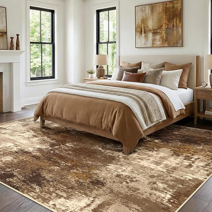 RELEANY Washable Area Rugs 8'x10' Non-Slip Modern Abstract Soft for Living Room Entryway Bedroom Nursery, Print Pattern, Brown Tan Beige Coffee