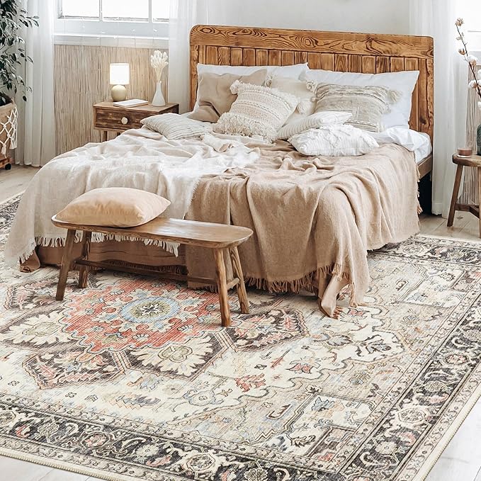 Area Rug for Living Room - 8x10 Soft Machine Washable Oriental Vintage Floral Distressed Large Indoor Floor Carpet for Bedroom Under Dining Table Home Office Decor - Multi Cream