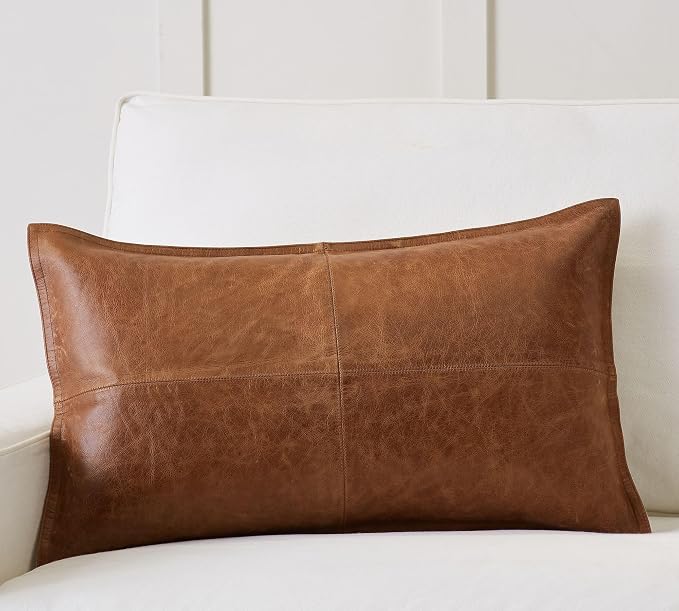 Genuine Leather Pillow Cover Case for Lumbar Throw Couch Pillows - Modern Farmhouse Decorative Sofa Thick & Soft Cushion Covers (Brown, 12" x 20")