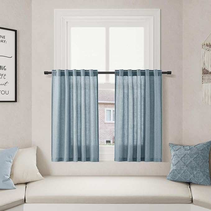 Light Blue Linen Kitchen Curtains 24 Inch Length Cotton Linen Blend Light Filtering Short Tier Curtain with Rod Pocket Back Tab for Small Windows Cafe Retro Bathroom Vintage 2 Panels RV 36Wx24L