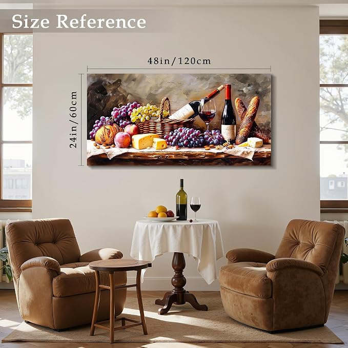 imjiayu Large Wall Art, Kitchen Wall Art, Wine Pictures Wall Decor, Framed Rustic Oil Painting Style Canvas Print, Grape Cheese Bread Still Life Wall Decor, Vintage Dining Room Home Bar Cafe Wall Art, 24"x48"