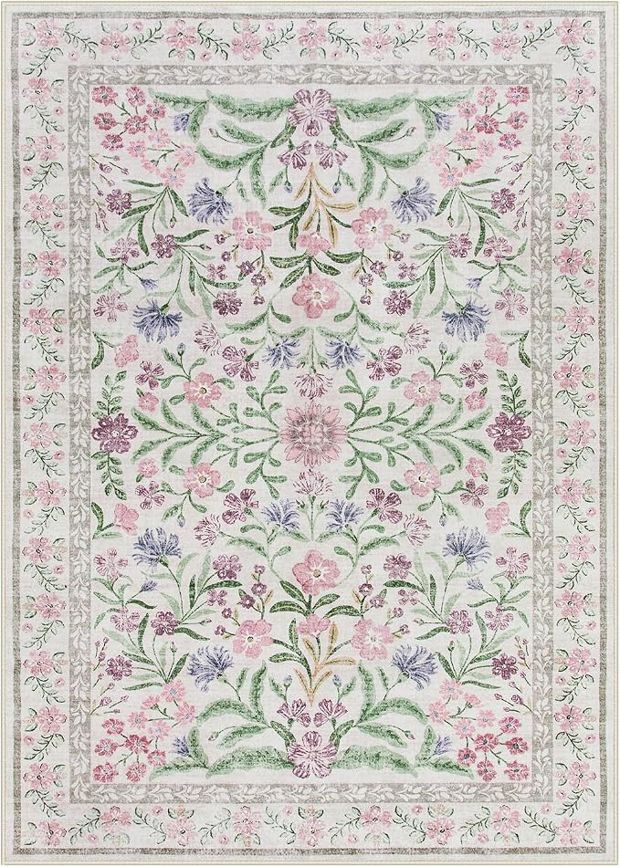 Wonnitar Floral Purple Rug for Bedroom, Washable 5x7 Area Rugs for Dorm, Boho Soft Non Slip Ultra-Thin Indoor Floor Carpet for Kids Room Nursery Living Room Classroom, Light Purple/Pink