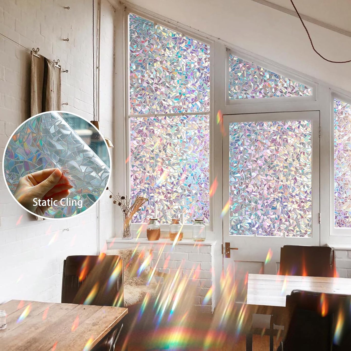 Rainbow Window Privacy Film 3D Decorative Stained Glass Window Film Anti UV Non-Adhesive Reusable 17.5" x 157.4" for Home Room Car Glass Cling