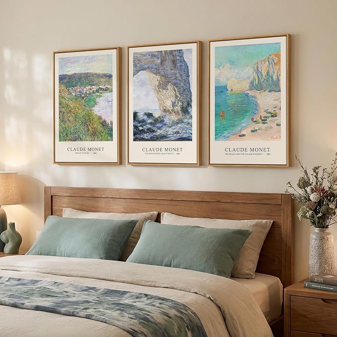 3 Piece Framed Monet Landscape Wall Art for Living Room, Large Impressionist Vintage Coastal Picture Canvas Prints Painting, Classic Nature Artwork Decor for Bedroom Hallway 16x24 Inch
