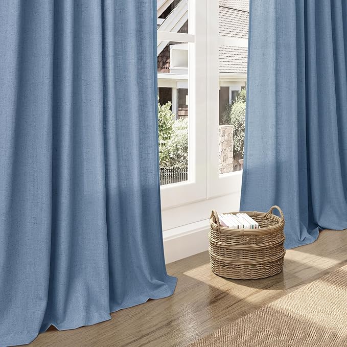 Linen Stone Blue Curtains 108 inch Living Room Back Tab Light Filtering Semi Sheer Drapes Modern Simplicity Farmhouse Coastal Decor for Floor to Ceiling High Window 52x108,2 Panels