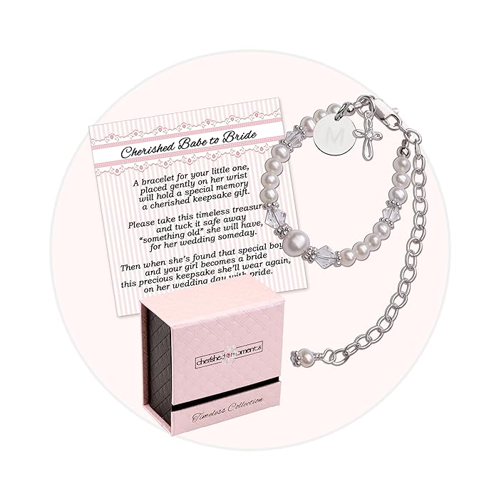 Cherished Moments Babe to Bride Keepsake Cross Bracelet Dedication Gift for Infant Newborn Baby Girl in 925 Sterling Silver with Initial Charm and Cultured Pearls